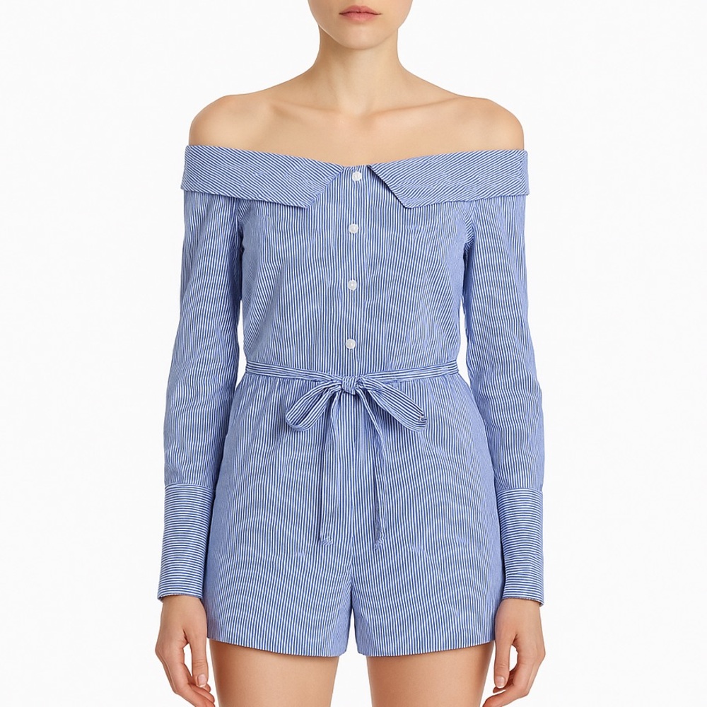 Romeo & juliet off shoulder striped button down romper medium